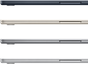 Four MacBook Air laptops showing the finish colours available: Midnight, Starlight, Space Grey and Silver