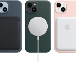 iPhone 14 MagSafe cases in midnight, forest green and chalk pink with MagSafe accessories, wallet, charger and a battery pack.