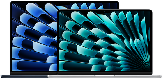 Front view of 13-inch and 15-inch models of MacBook Air demonstrating display sizes (measured diagonally)