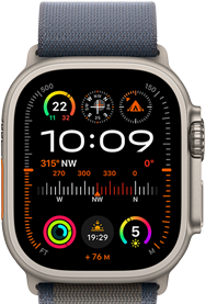 Apple Watch Ultra 2 shown attached to Blue Alpine Loop, displaying watch face with complications including GPS, temperature, compass, altitude and fitness metrics